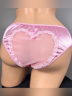 Escante Satin Bikini Panties Plus Size 2X Pink Heart Mesh Back Second Skin Satin